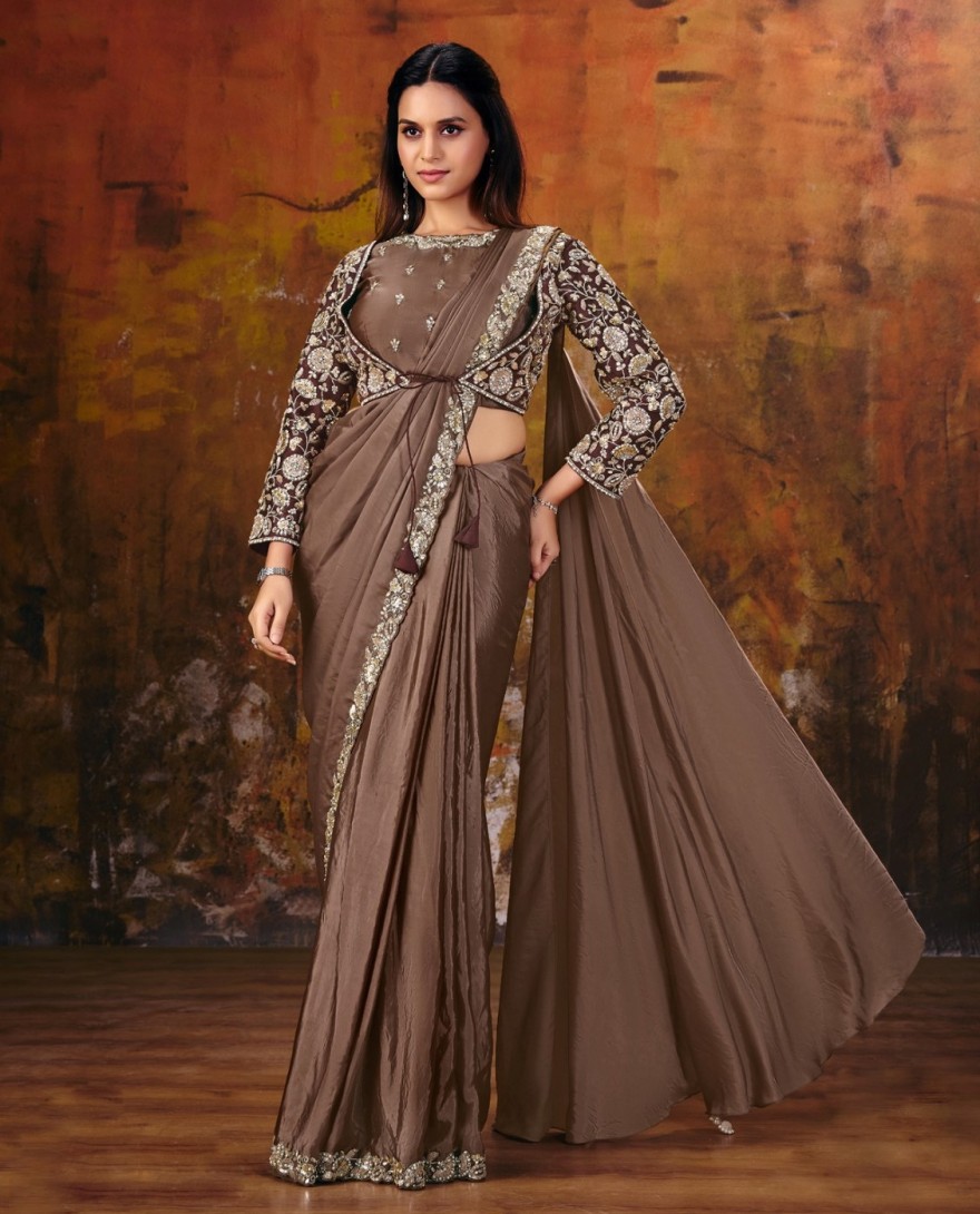 27107 - Coffee Brown Embroidered Wedding Party Designer Saree